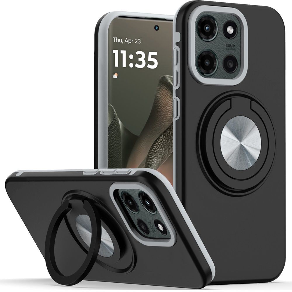 Metal CD Pattern Matte Finished Hybrid with Rotational Ring [Car Mount Friendly] Case  Motorola Edge 2025 - Black