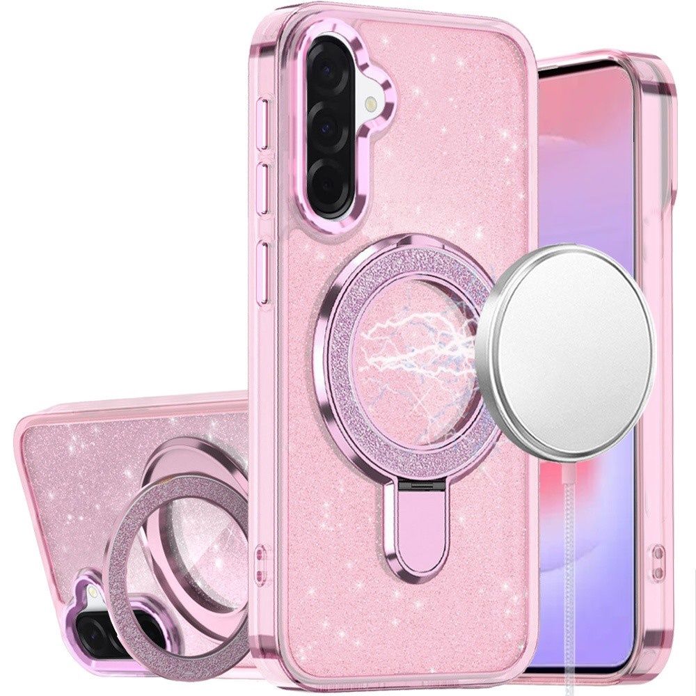 Transparent Glitter Rotaional Magnetic Ring Stand HQ Hybrid For Samsung Galaxy A37 / A36- Light Pink