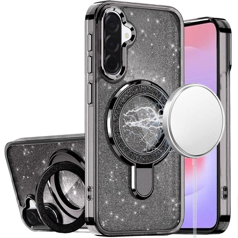 Transparent Glitter Rotaional Magnetic Ring Stand HQ Hybrid For Samsung Galaxy A37 / A36- Black
