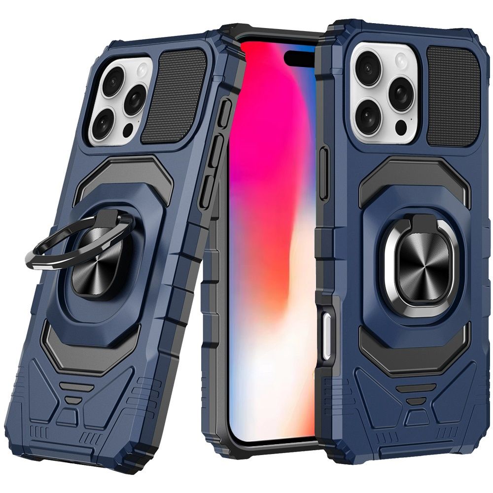 IPhone 16 Pro 6.3 inch Robotic Hybrid with Magnetic Ring Stand Case Cover - BLUE