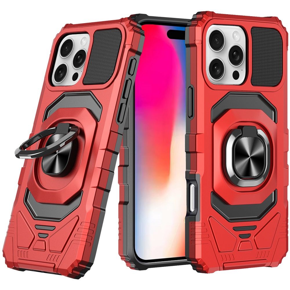 IPhone 16 Pro 6.3 inch Robotic Hybrid with Magnetic Ring Stand Case Cover -RED