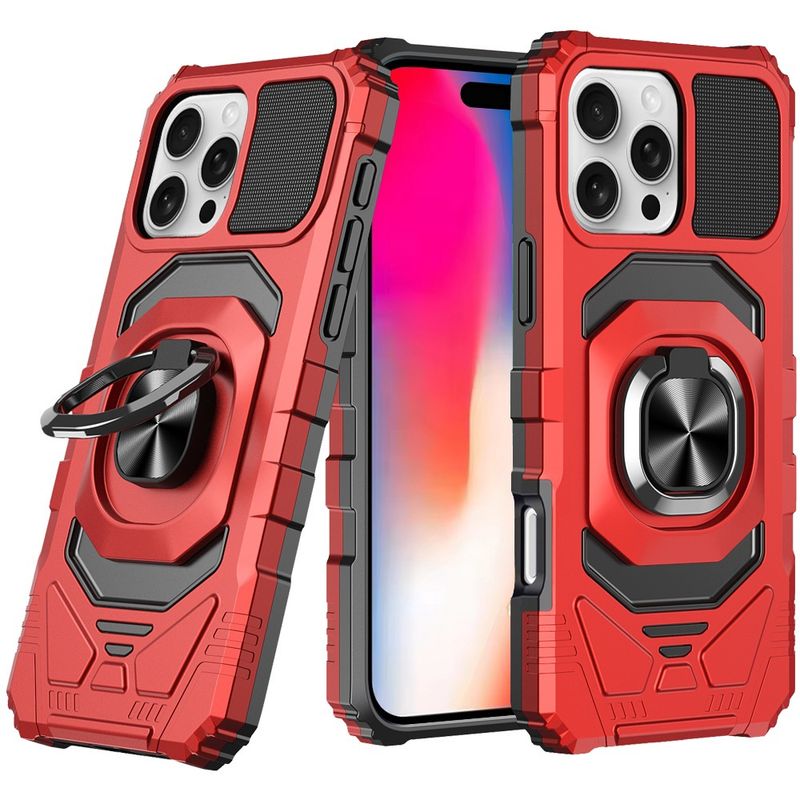 IPhone 16 Pro 6.3 inch Robotic Hybrid with Magnetic Ring Stand Case Cover -RED