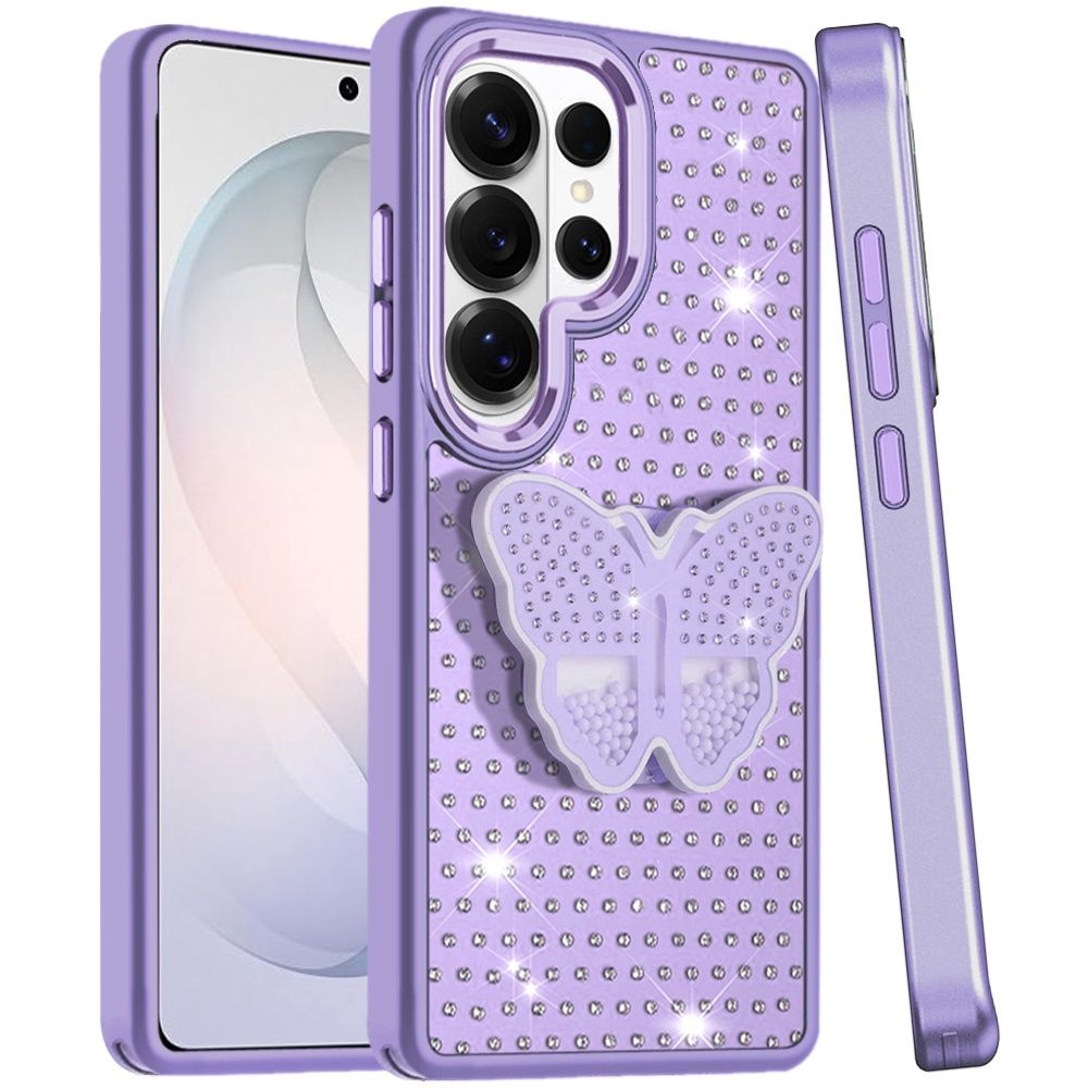 Butterfly Moveable Grip Stand With Small Diamonds Meta Buttons HQ Hybrid For Samsung s26 Ultra- Purple