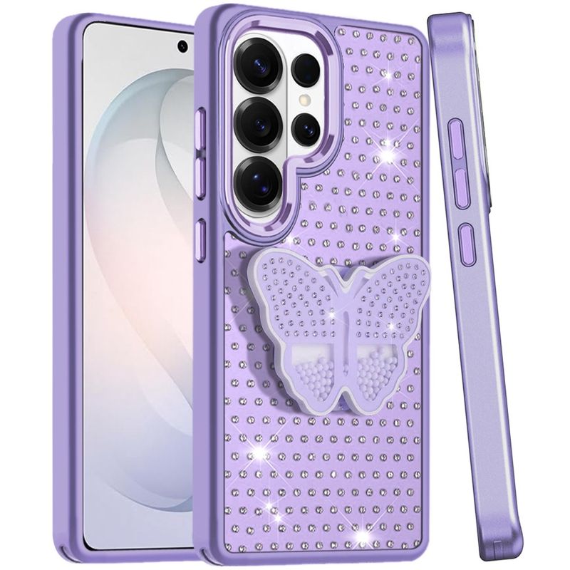 Butterfly Moveable Grip Stand With Small Diamonds Meta Buttons HQ Hybrid For Samsung s26 Ultra- Purple