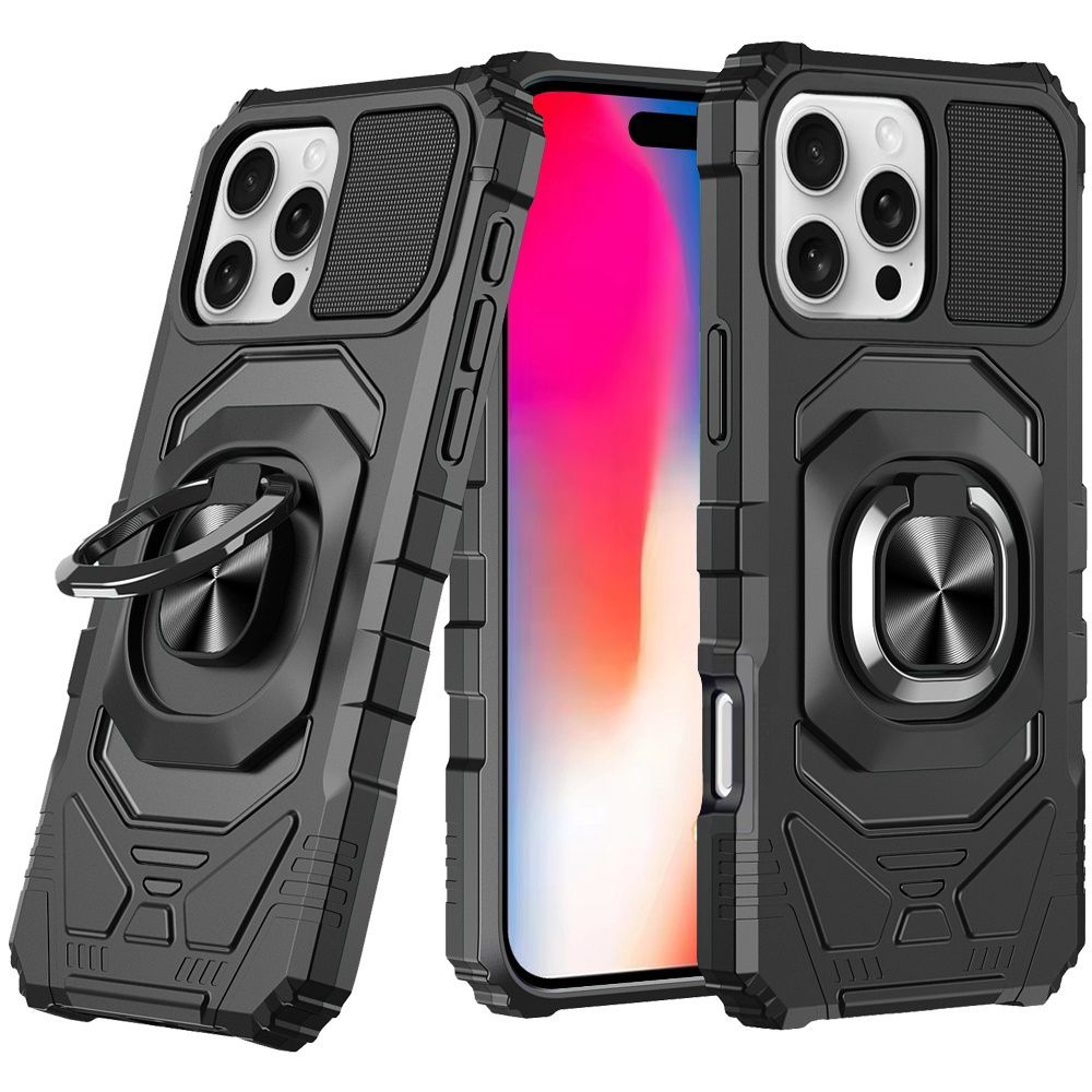 IPhone 16 Pro 6.3 inch Robotic Hybrid with Magnetic Ring Stand Case Cover - Black