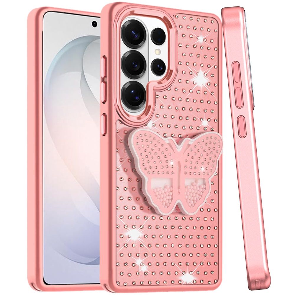 Butterfly Moveable Grip Stand With Small Diamonds Meta Buttons HQ Hybrid For Samsung s26 Ultra - Pink