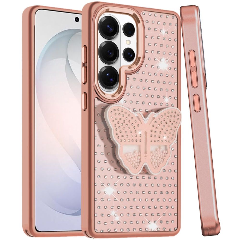 Butterfly Moveable Grip Stand With Small Diamonds Meta Buttons HQ Hybrid For Samsung s26 Ultra - Rose Gold