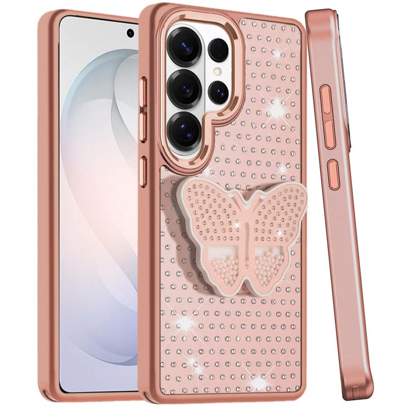 Butterfly Moveable Grip Stand With Small Diamonds Meta Buttons HQ Hybrid For Samsung s26 Ultra - Rose Gold