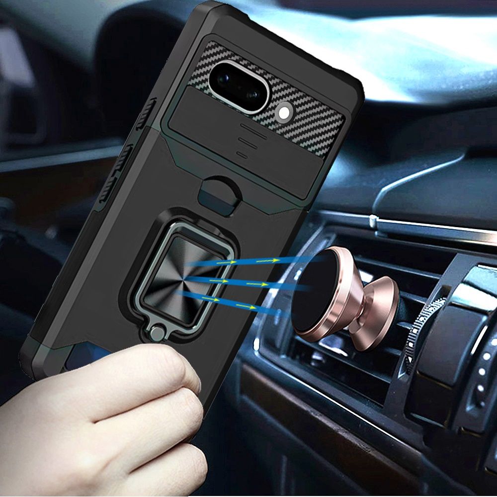 Google Pixel 10a Multi-Functional Card Magnetic Ring Stand Hybrid Camera Case Cover - Black