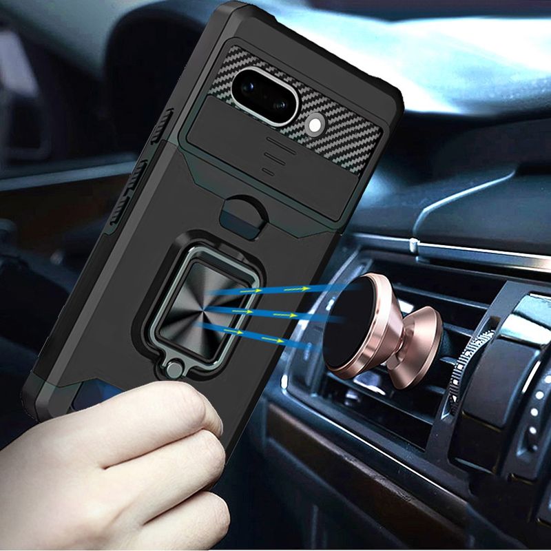 Google Pixel 10a Multi-Functional Card Magnetic Ring Stand Hybrid Camera Case Cover - Black