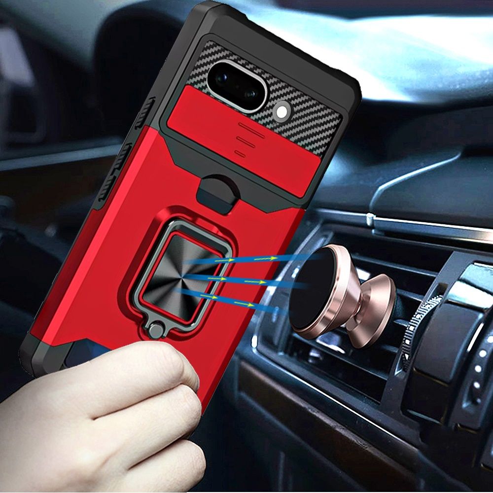 Google Pixel 10a Multi-Functional Card Magnetic Ring Stand Hybrid Camera Case Cover - Red