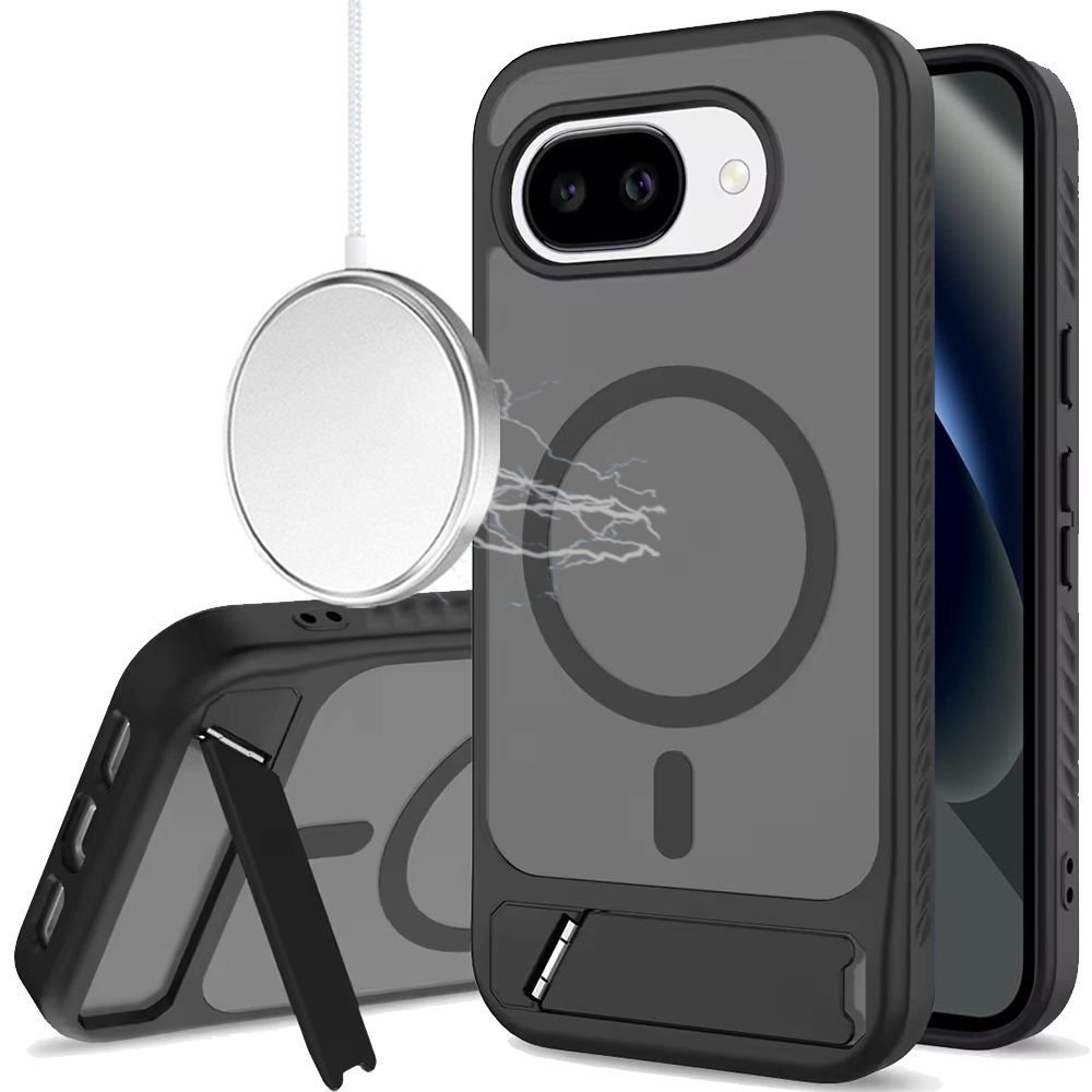 For Google Pixel 10a Matte Magnetic Hybrid with Metal Kickstand Case - Black