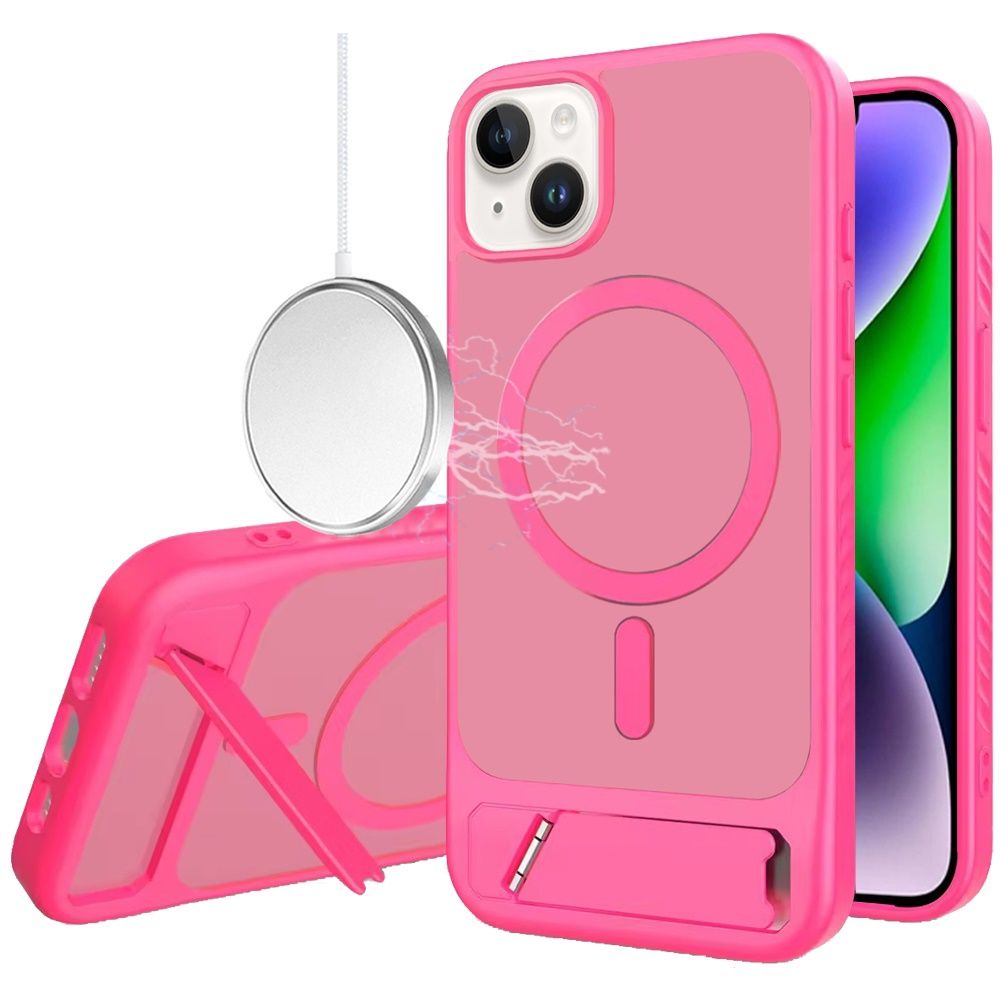 Matte Magnetic Hybrid with Metal Kickstand Case For iPhone 13/14- Hot Pink