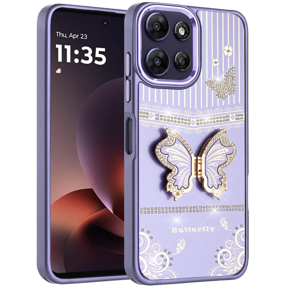 Splendid Glitter Butterfly Design Stand with Metallic Edges Hybrid Case For Moto G Power 5G 2026/2025 - Dark Purple