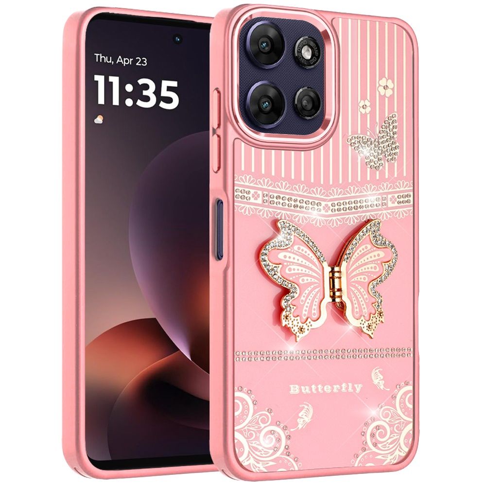Splendid Glitter Butterfly Design Stand with Metallic Edges Hybrid Case For Moto G Power 5G 2026/2025 - Light Pink