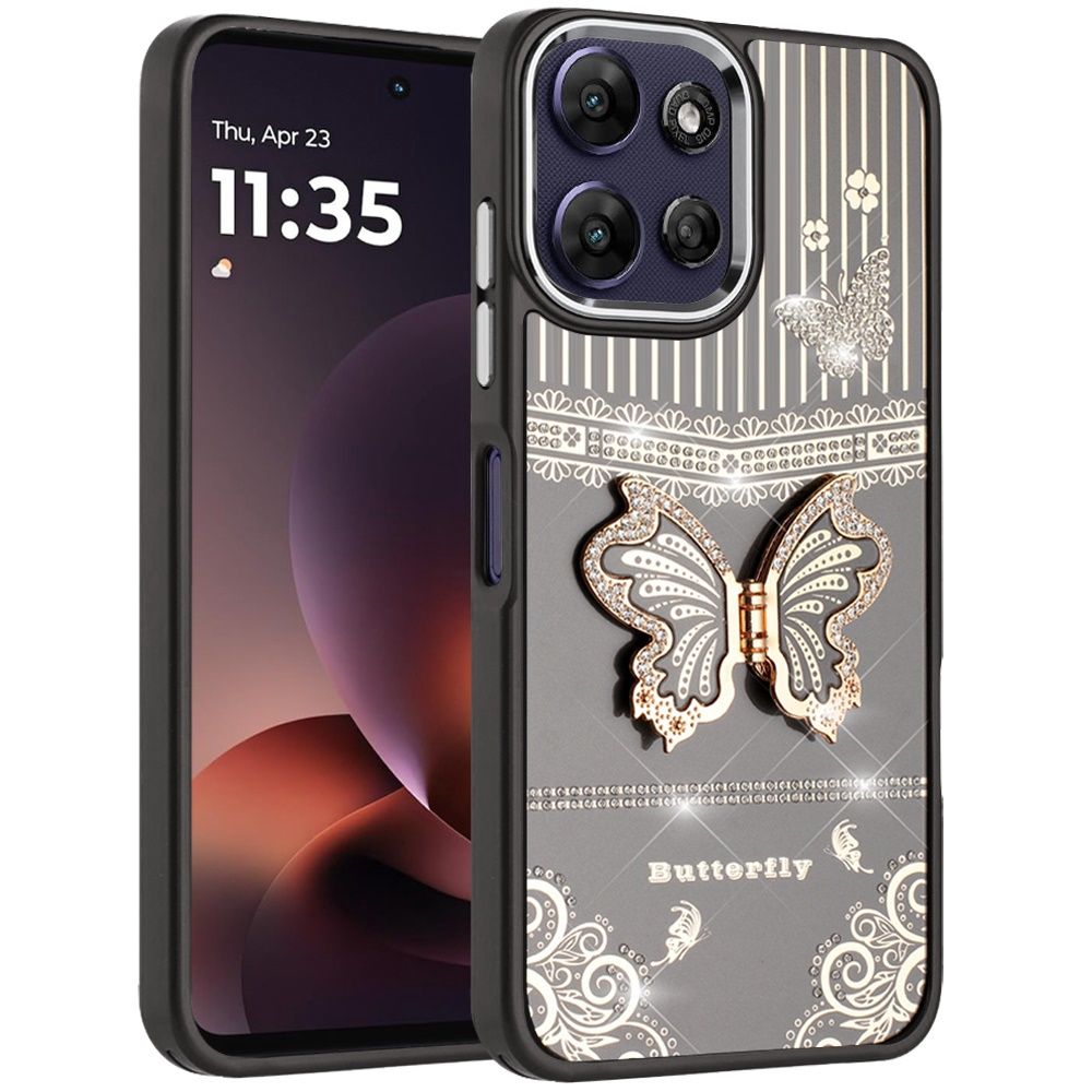 Splendid Glitter Butterfly Design Stand with Metallic Edges Hybrid Case For Moto G Power 5G 2025/2026 - Black