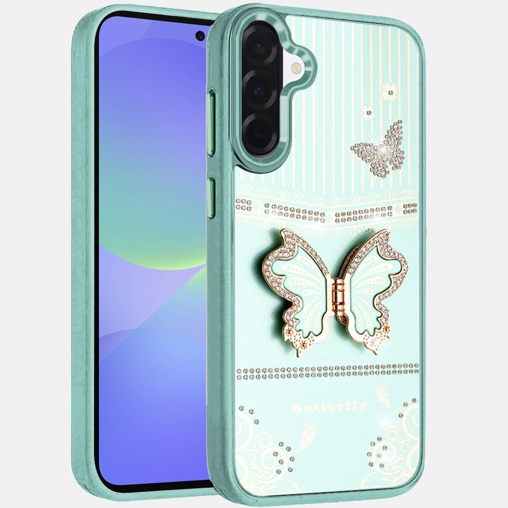 Splendid Glitter Butterfly Design Stand with Metallic Edges Hybrid Case For Samsung Galaxy A37 / A36 - Teal