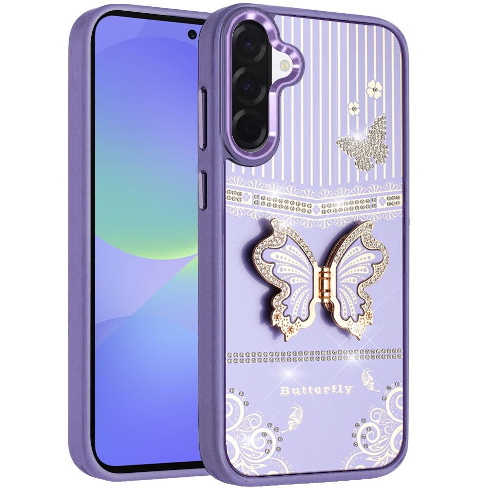 Splendid Glitter Butterfly Design Stand with Metallic Edges Hybrid Case For Samsung Galaxy A37 / A36 - Dark Purple