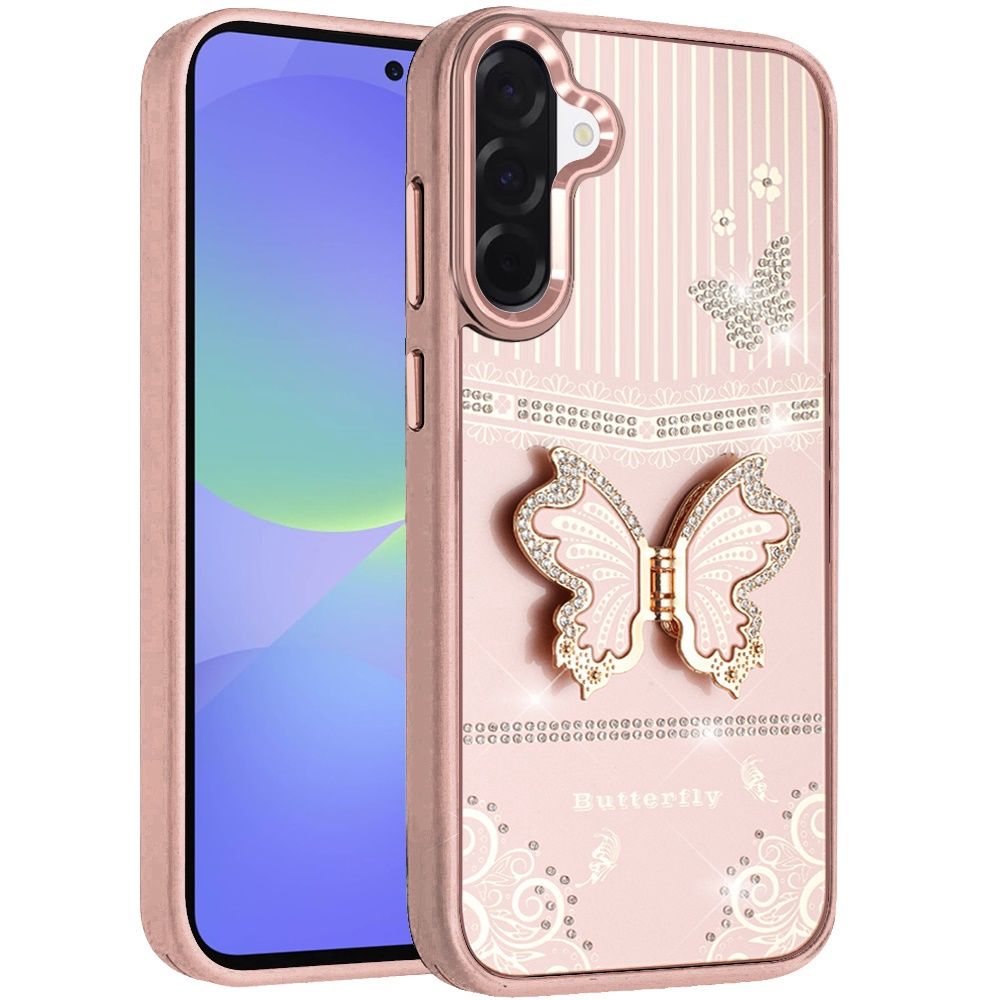 Splendid Glitter Butterfly Design Stand with Metallic Edges Hybrid Case For Samsung Galaxy A37 / A36 - Rose Gold