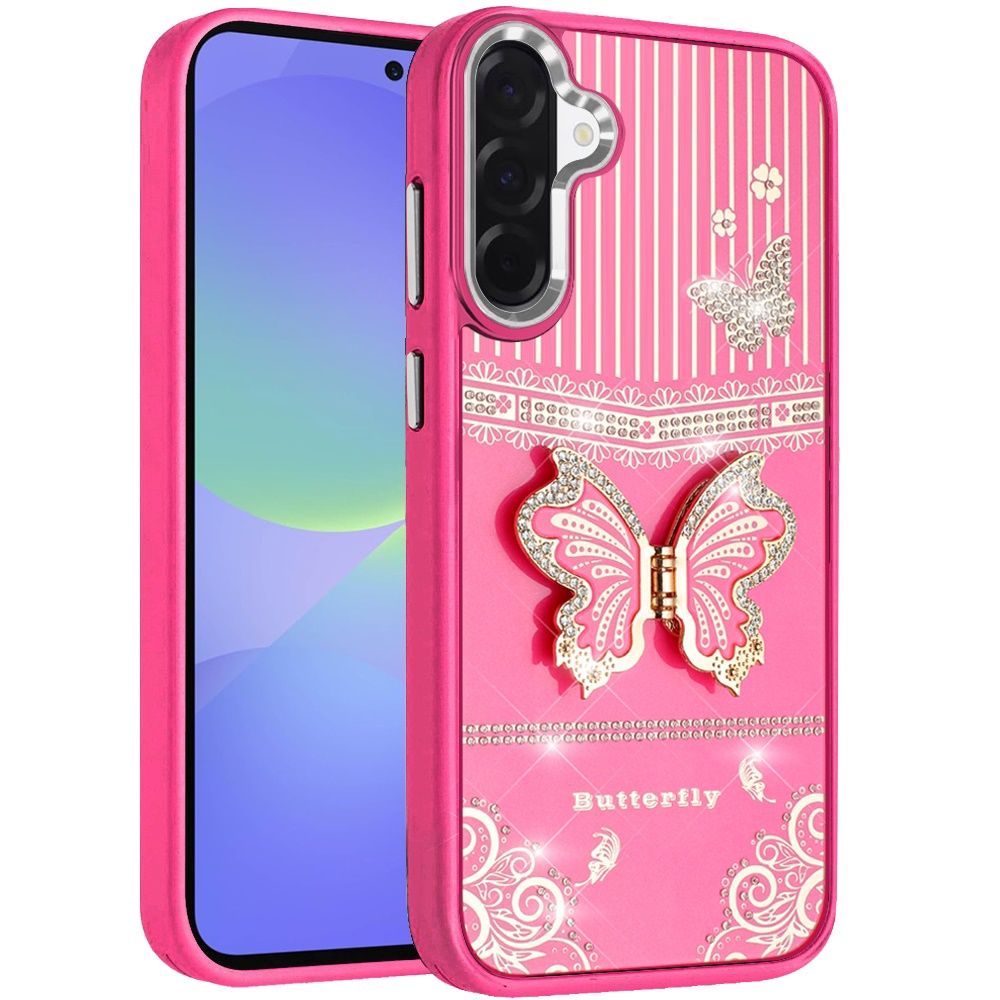 Splendid Glitter Butterfly Design Stand with Metallic Edges Hybrid Case For Samsung Galaxy A37 / A36 - Hot Pink