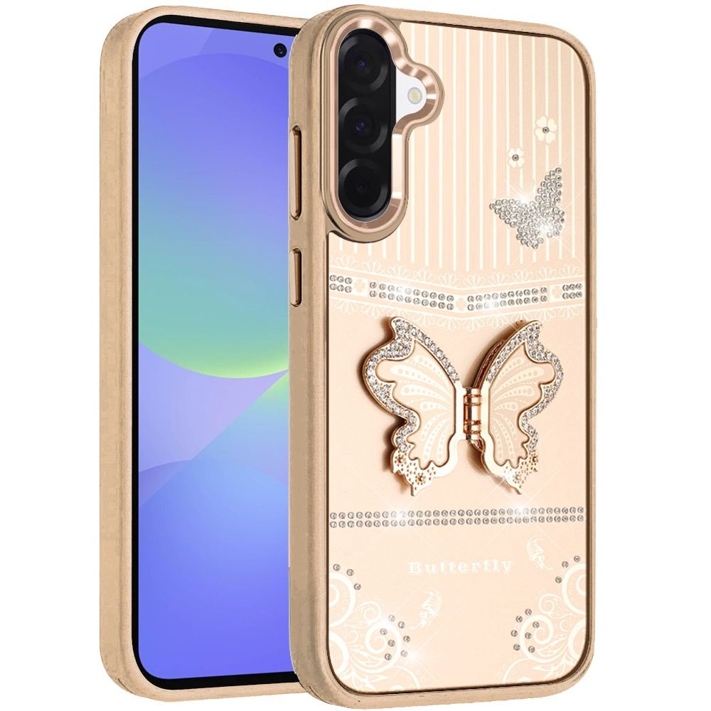 Splendid Glitter Butterfly Design Stand with Metallic Edges Hybrid Case For Samsung Galaxy A37 / A36 - Gold