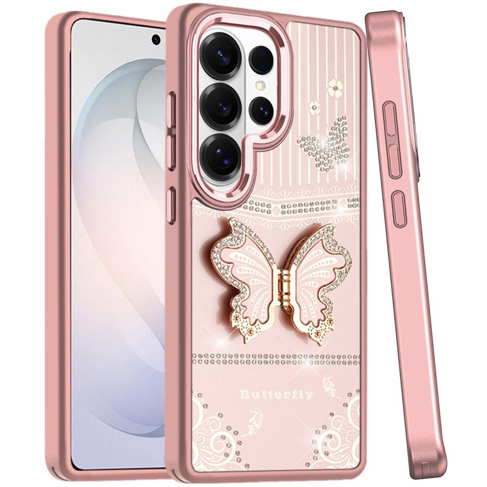 Splendid Glitter Butterfly Design Stand with Metallic Edges Hybrid Case For Samsung s26 Ultra - Rose Gold
