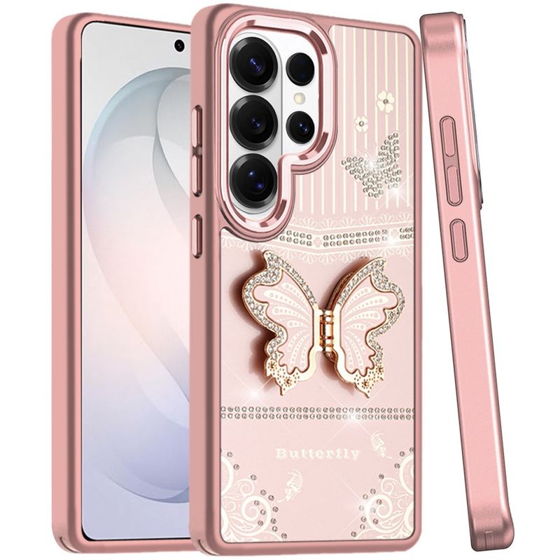 Splendid Glitter Butterfly Design Stand with Metallic Edges Hybrid Case For Samsung s26 Ultra - Rose Gold