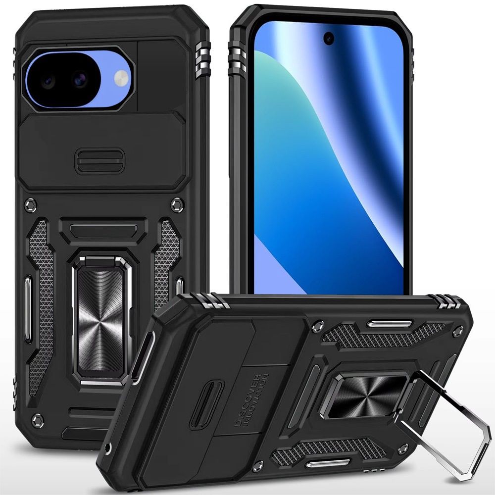Google Pixel 10a Utter Tough Metal Ring Movable Camera Window Hybrid Case Cover - Black