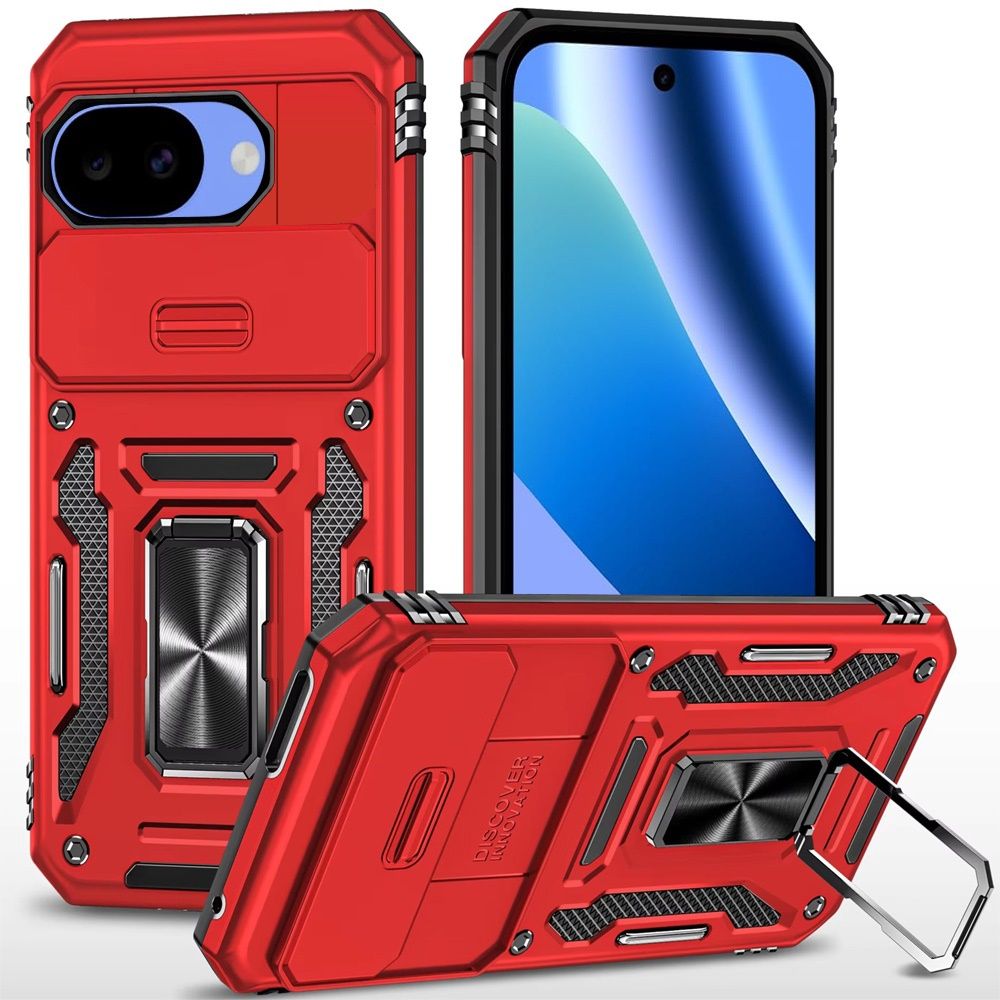 Google Pixel 10a Utter Tough Metal Ring Movable Camera Window Hybrid Case Cover -red