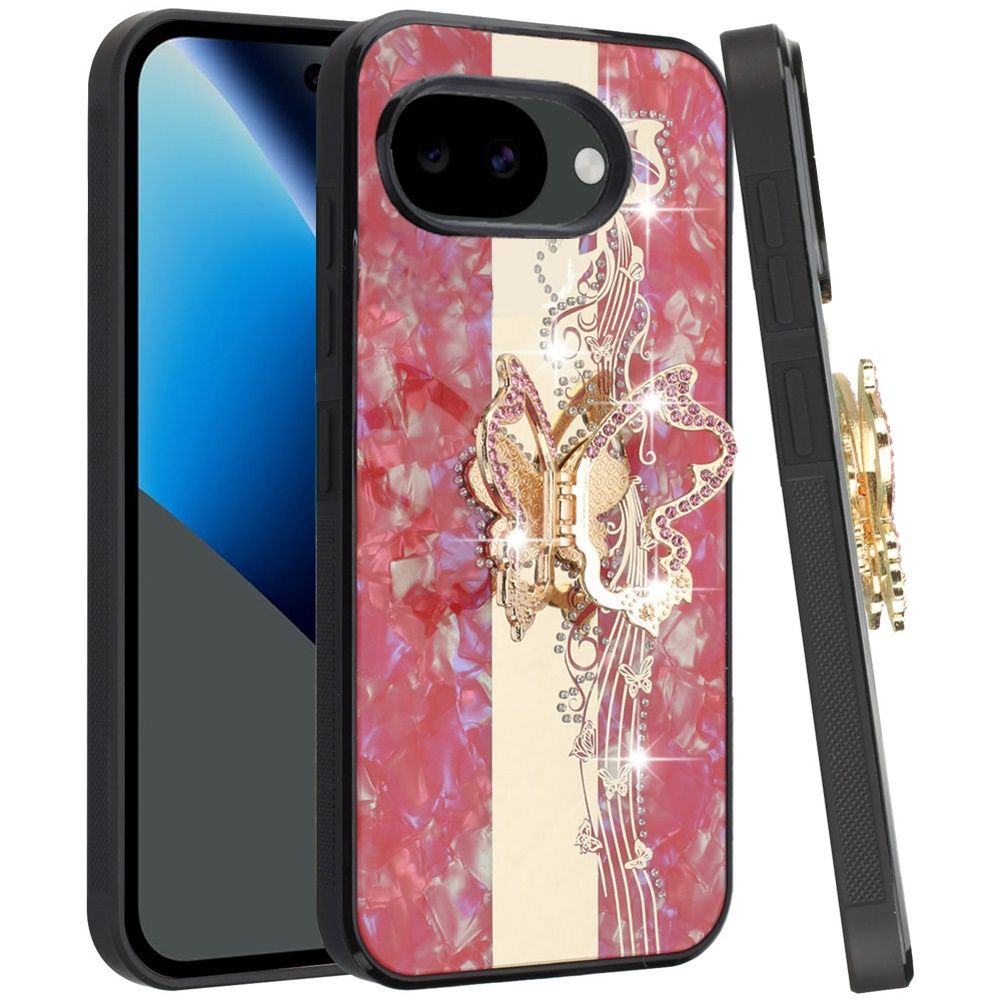 Google Pixel 10a SPLENDID Diamond Glitter Ornaments Engraving Case Cover - Enchanted Butterfly RED