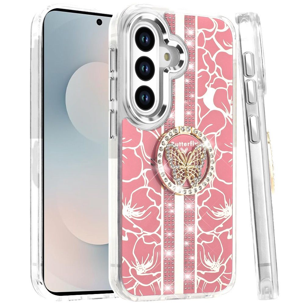 Samsung s26 Splendid Floral Designs with Metal Camera and Buttons with Butterfly Ring Stand Hybrid Case - PINK