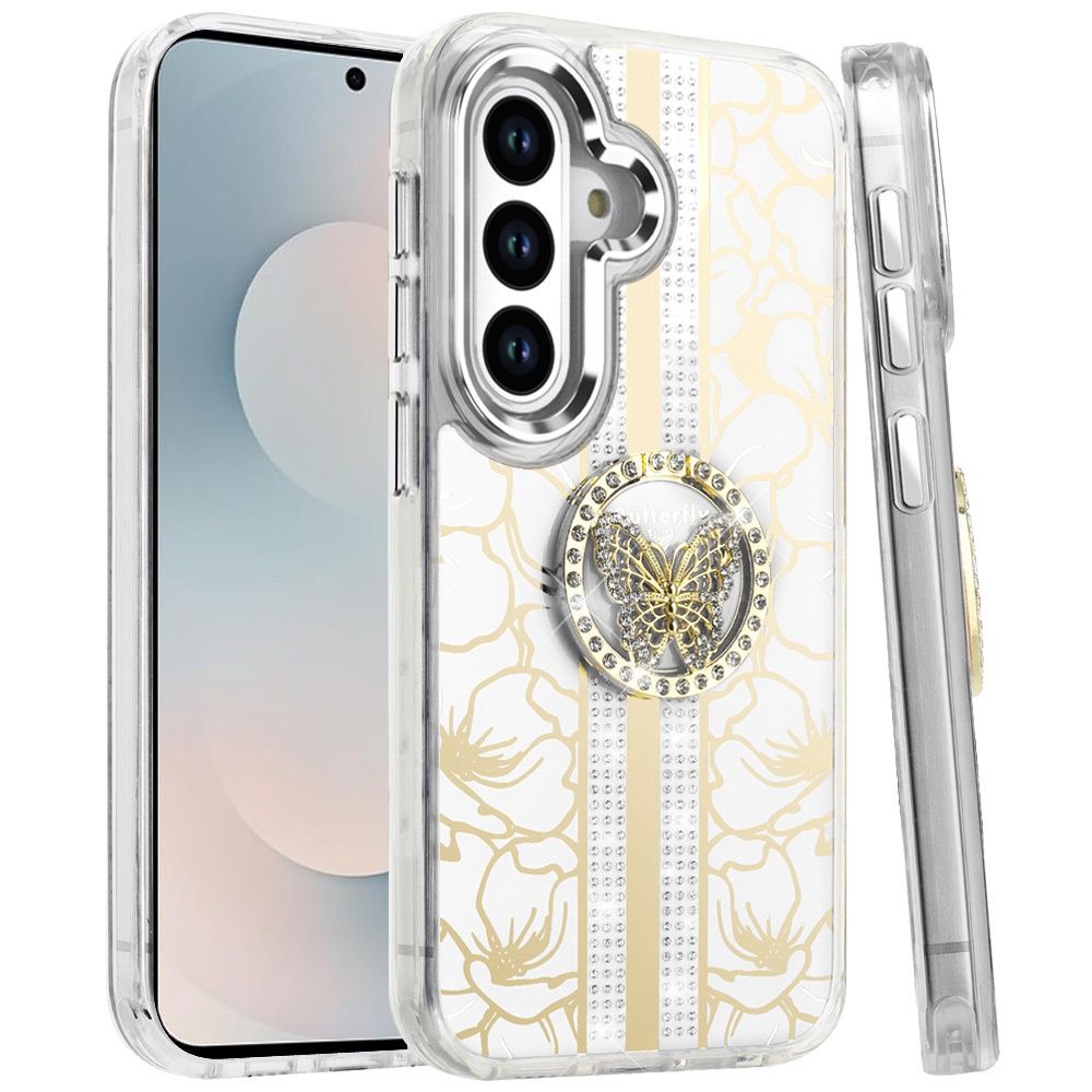 Samsung s26 Splendid Floral Designs with Metal Camera and Buttons with Butterfly Ring Stand Hybrid Case - WHITE