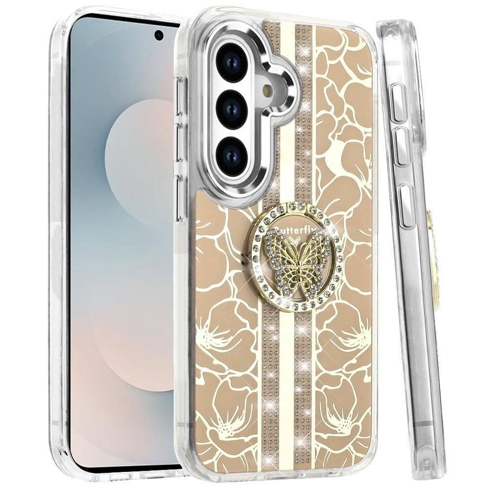 Samsung Galaxy A37 / A36 Splendid Floral Designs with Metal Camera and Buttons with Butterfly Ring Stand Hybrid Case - Gold