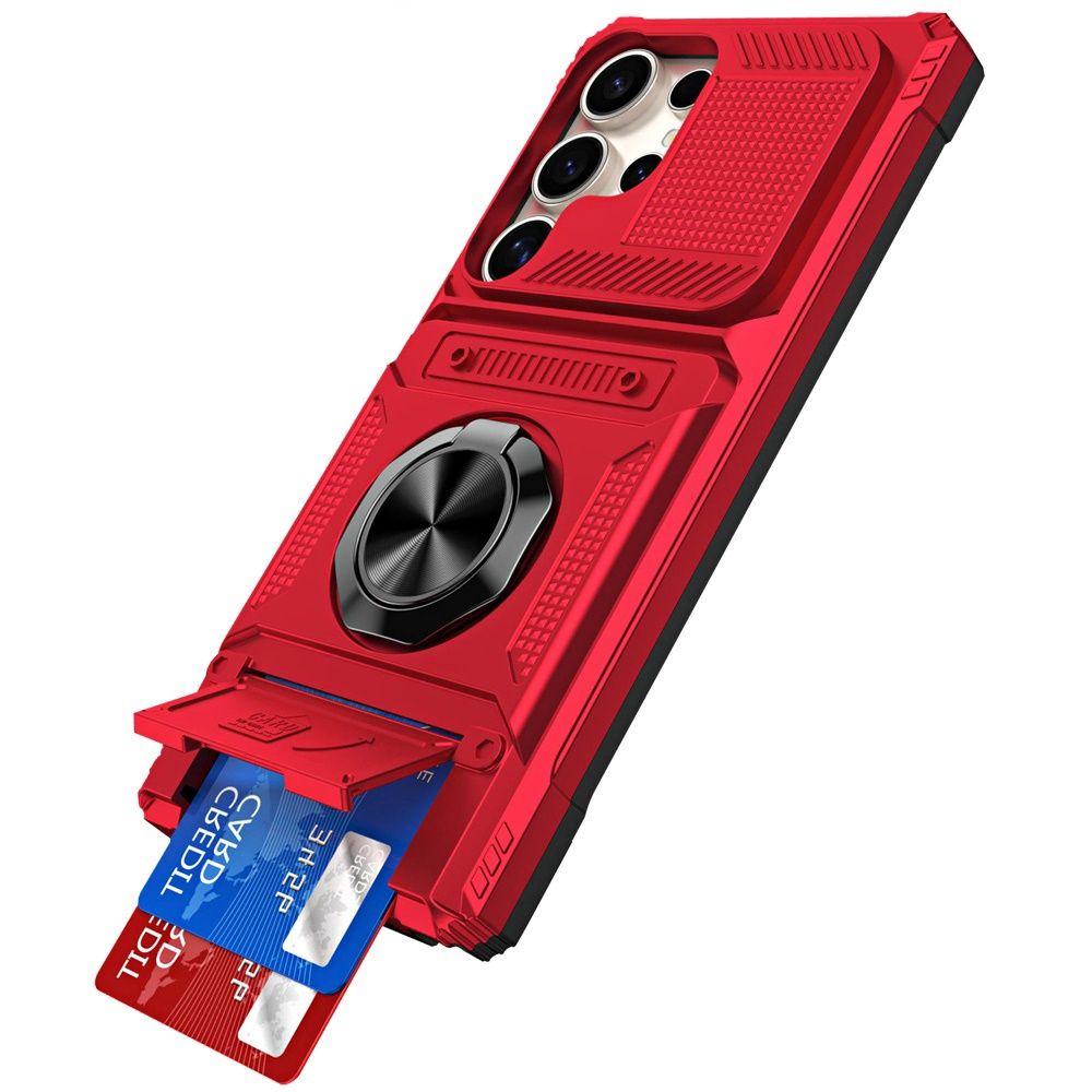 For Samsung s26 Ultra Multi-Functional 2X Card Slot Shockproof Metal Ring Hybrid Case-RED
