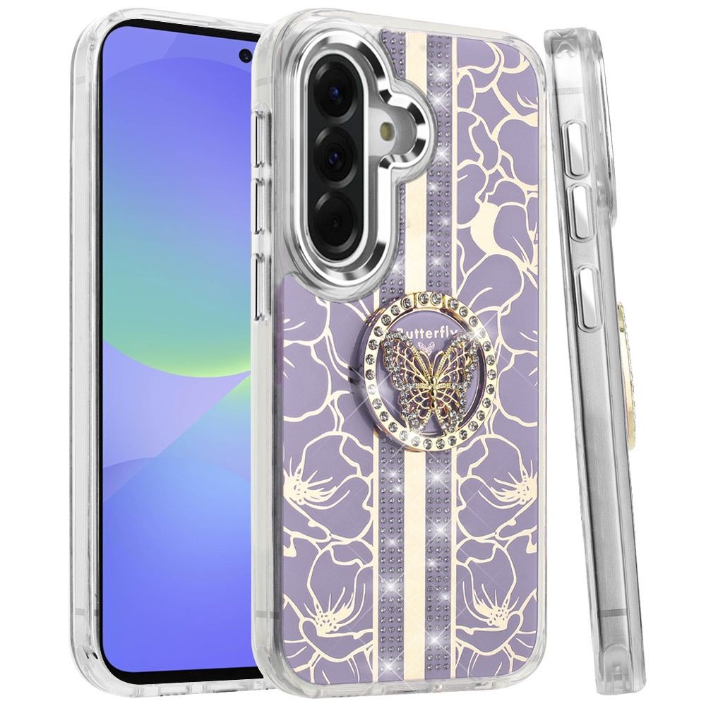 Samsung Galaxy A37 / A36 Splendid Floral Designs with Metal Camera and Buttons with Butterfly Ring Stand Hybrid Case - PURPLE