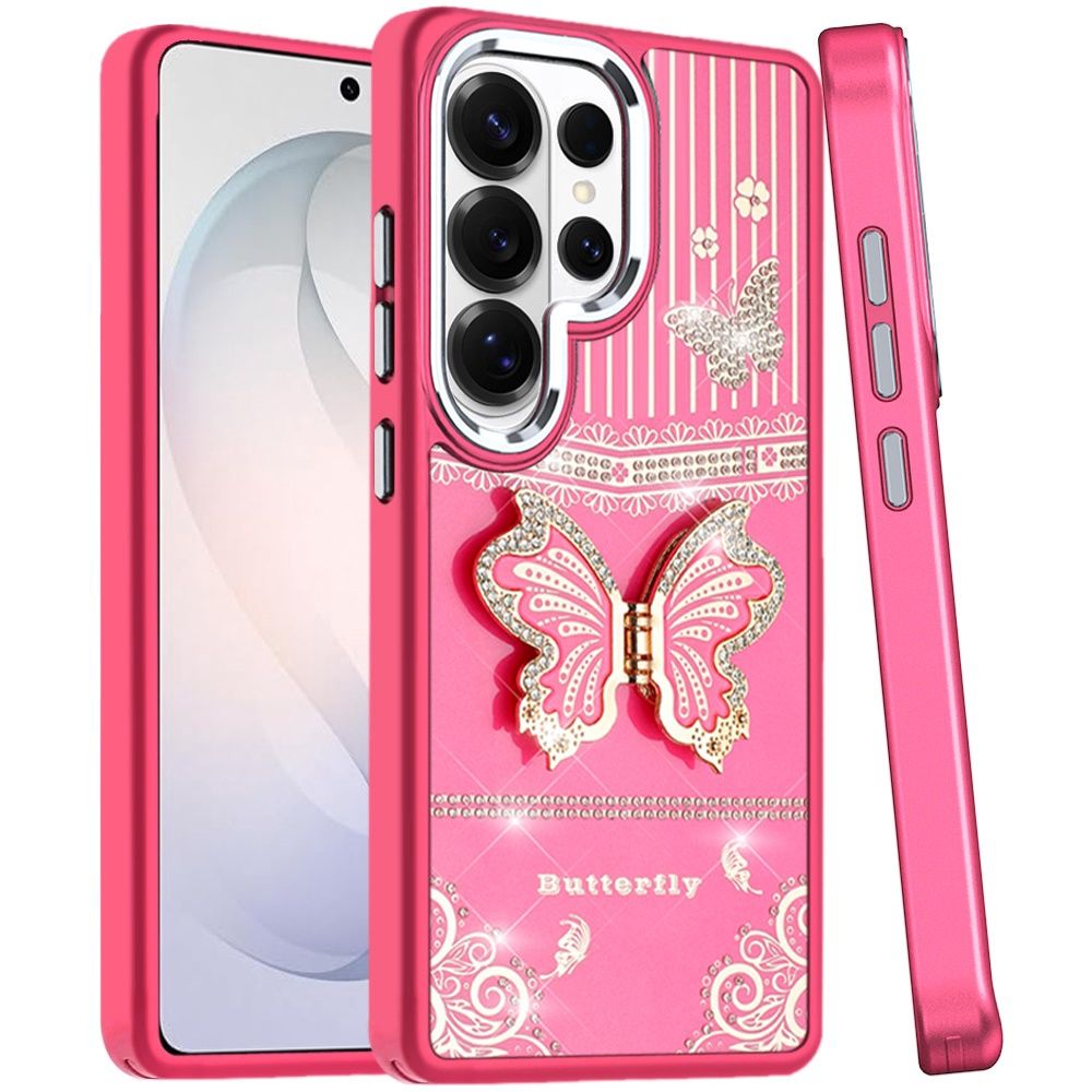 Splendid Glitter Butterfly Design Stand with Metallic Edges Hybrid Case for Samsung S26 Ultra - Hot Pink