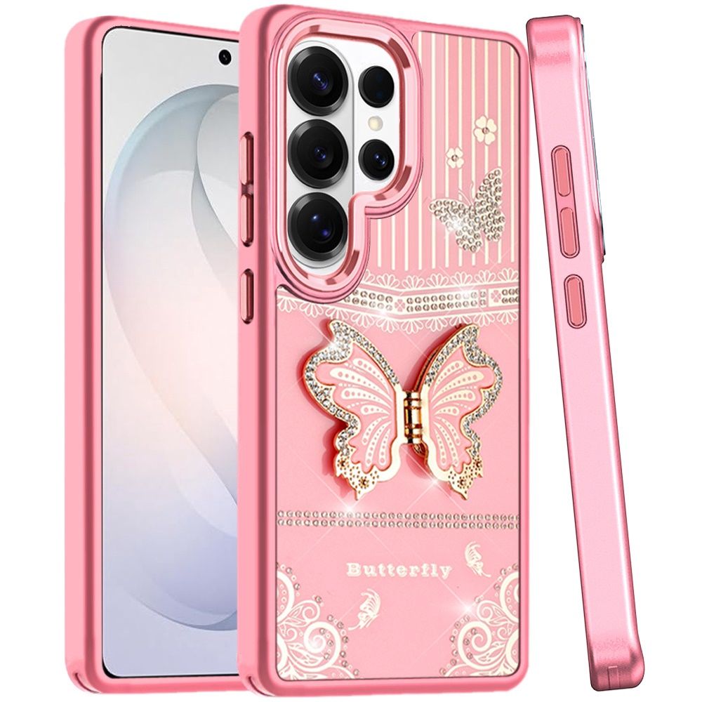 Splendid Glitter Butterfly Design Stand with Metallic Edges Hybrid Case for Samsung s26 Ultra - Light Pink
