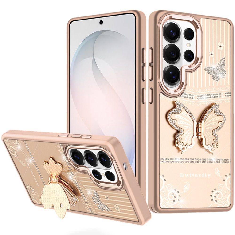 Splendid Glitter Butterfly Design Stand with Metallic Edges Hybrid Case for Samsung s26 Ultra - Gold