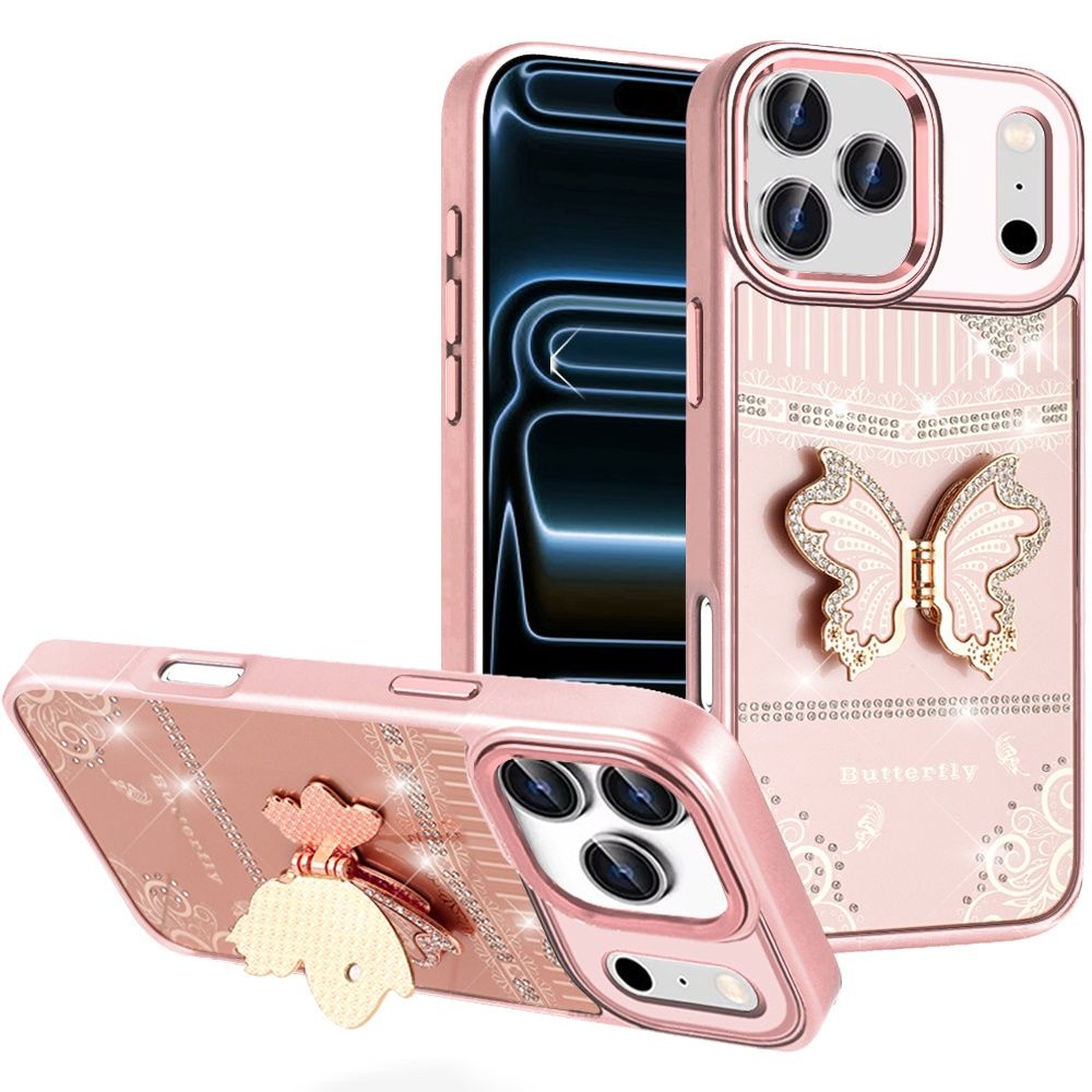Splendid Glitter Butterfly Design Stand with Metallic Edges Hybrid Case for iPhone 17 Pro Max - Rose Gold