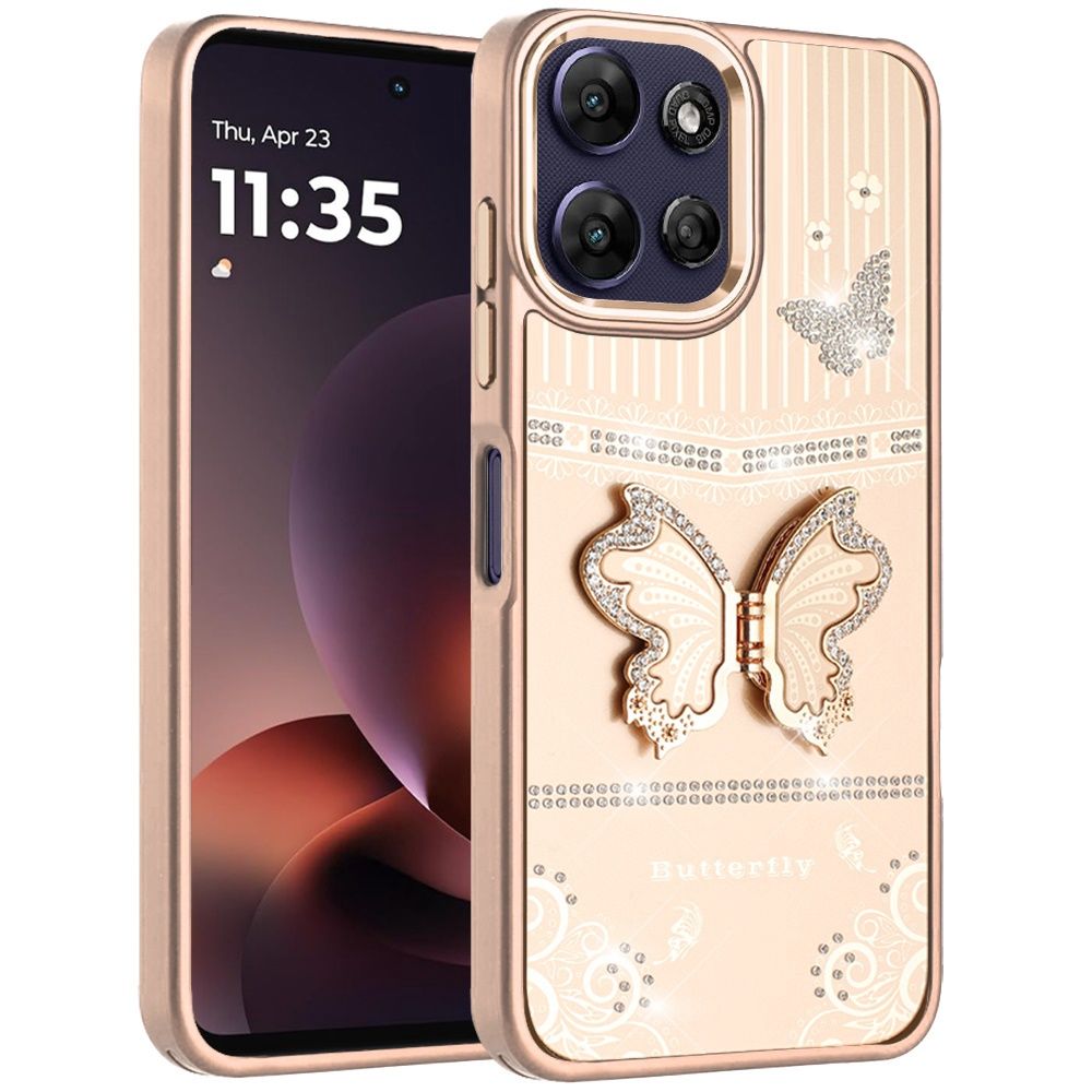 Splendid Glitter Butterfly Design Stand with Metallic Edges Hybrid Case for iPhone 17 Pro Max - Gold