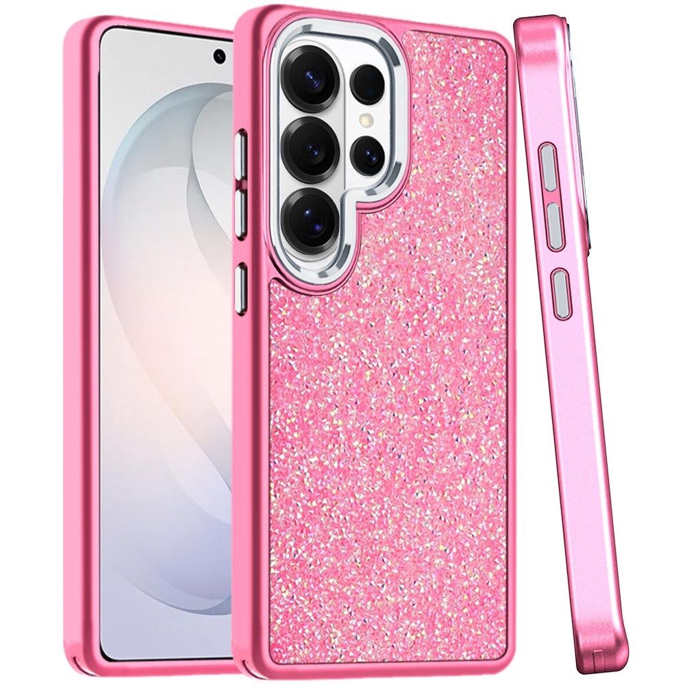 Crystal Glass Diamond with Metallic Buttons and Edges Hybrid Case for Samsung s26 Ultra - Hot Pink