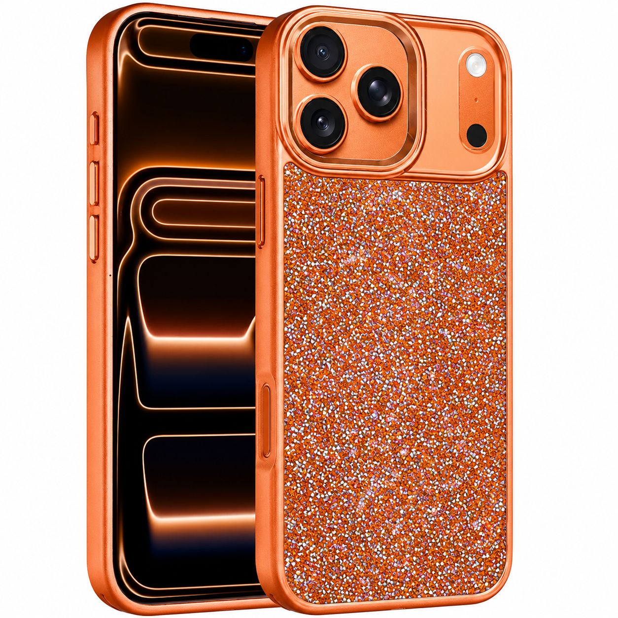 Crystal Glass Diamond with Metallic Buttons and Edges Hybrid Case for iPhone 17 Pro Max - Cosmic Orange