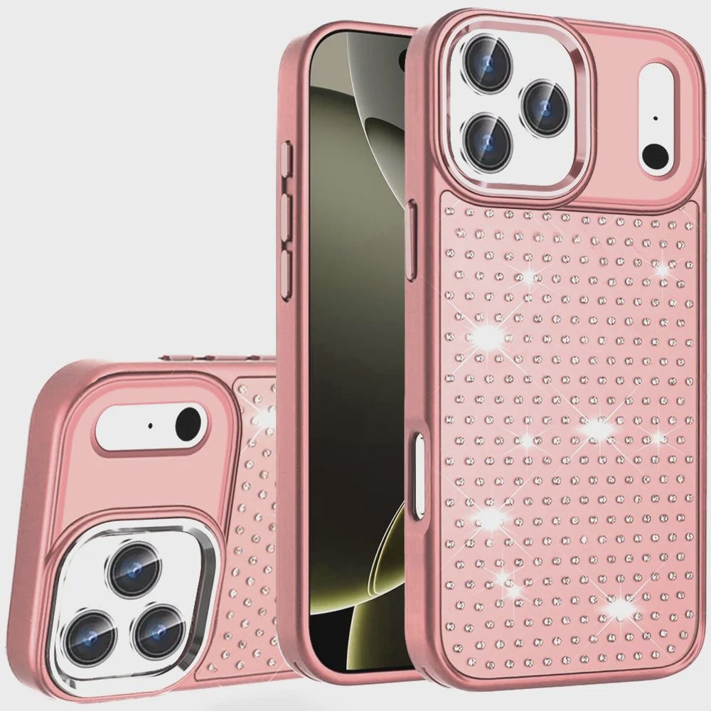Beautiful Diamond Metallic Design Metal Chrome Edged Hybrid for Iphone 17 Pro Max - Rose Gold
