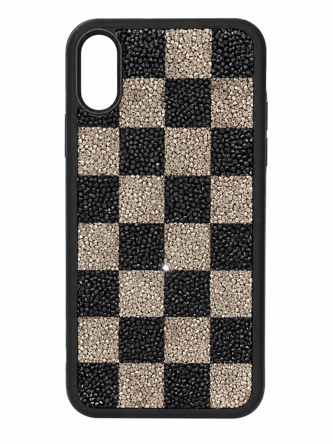 Luxury Rhinestone Checkerboard Phone Case for Iphone XR-Gold and Black
