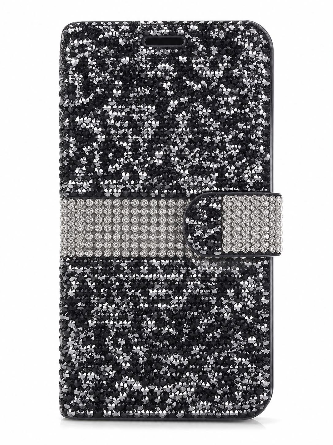 Luxury Rhinestone Flip Wallet Case for Iphone XR-Black and Silver