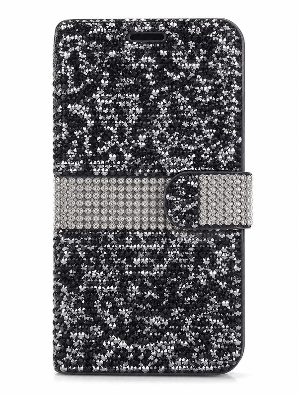 Luxury Rhinestone Flip Wallet Case for Iphone XR-Black and Silver