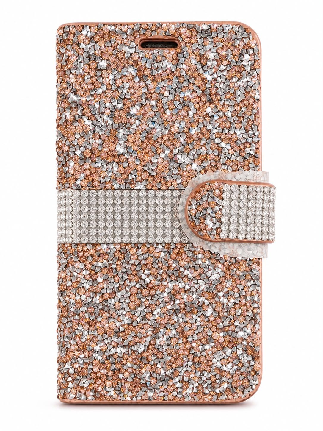 Luxury Rhinestone Flip Wallet Case for Iphone XR-Rose Gold &amp; Silver