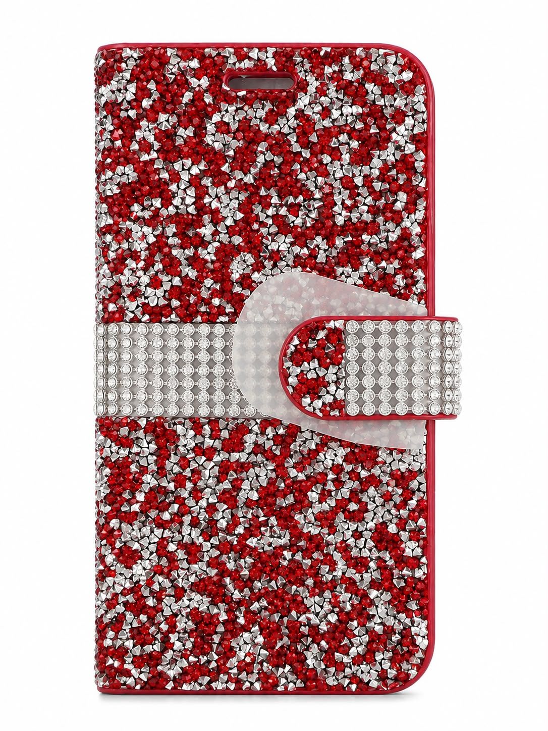 Luxury Rhinestone Flip Wallet Case for Iphone XR- Red and Silver