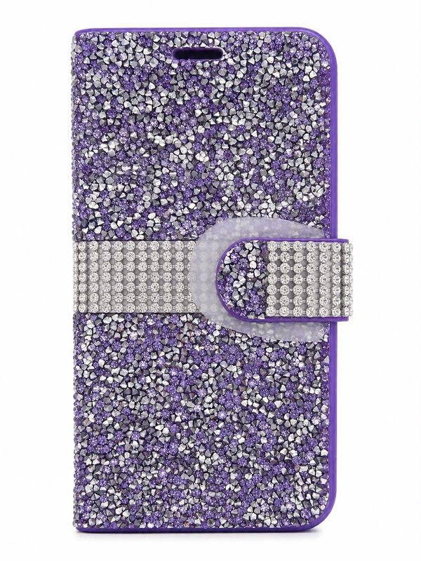 Luxury Rhinestone Flip Wallet Case for Iphone XR- Purple and Silver