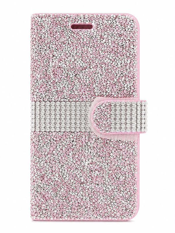 Luxury Rhinestone Flip Wallet Case for Iphone XR- Light Pink and Silver